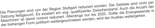 Die Planungen sind von der Region Stuttgart reduziert worden. Die Gebiete sind nicht per Satzung festgezurrt. Es existiert ein sog. qualifizierter Zwischenstand. Auch die Anzahl der Maschinen ist damit vorerst reduziert. Allerdings nur bis 2020. Sollte die Energiewende in der bisherigen Form politisch weitergeschrieben werden, wird der Ausbau weitergehen.